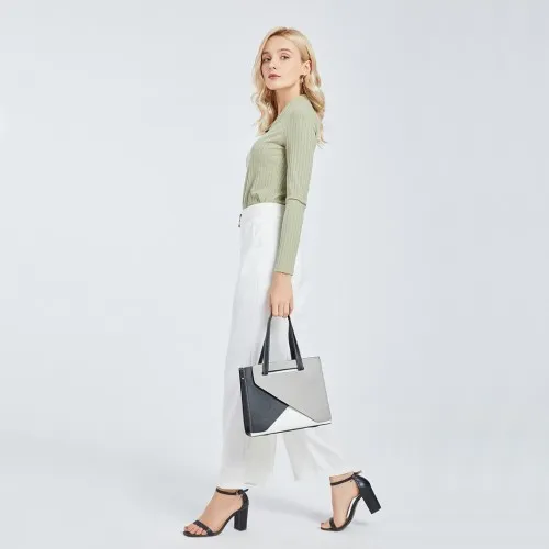 Miss Lulu Contrast Panel Shoulder Bag - Grey and Beige | Stylish & Practical Handbag