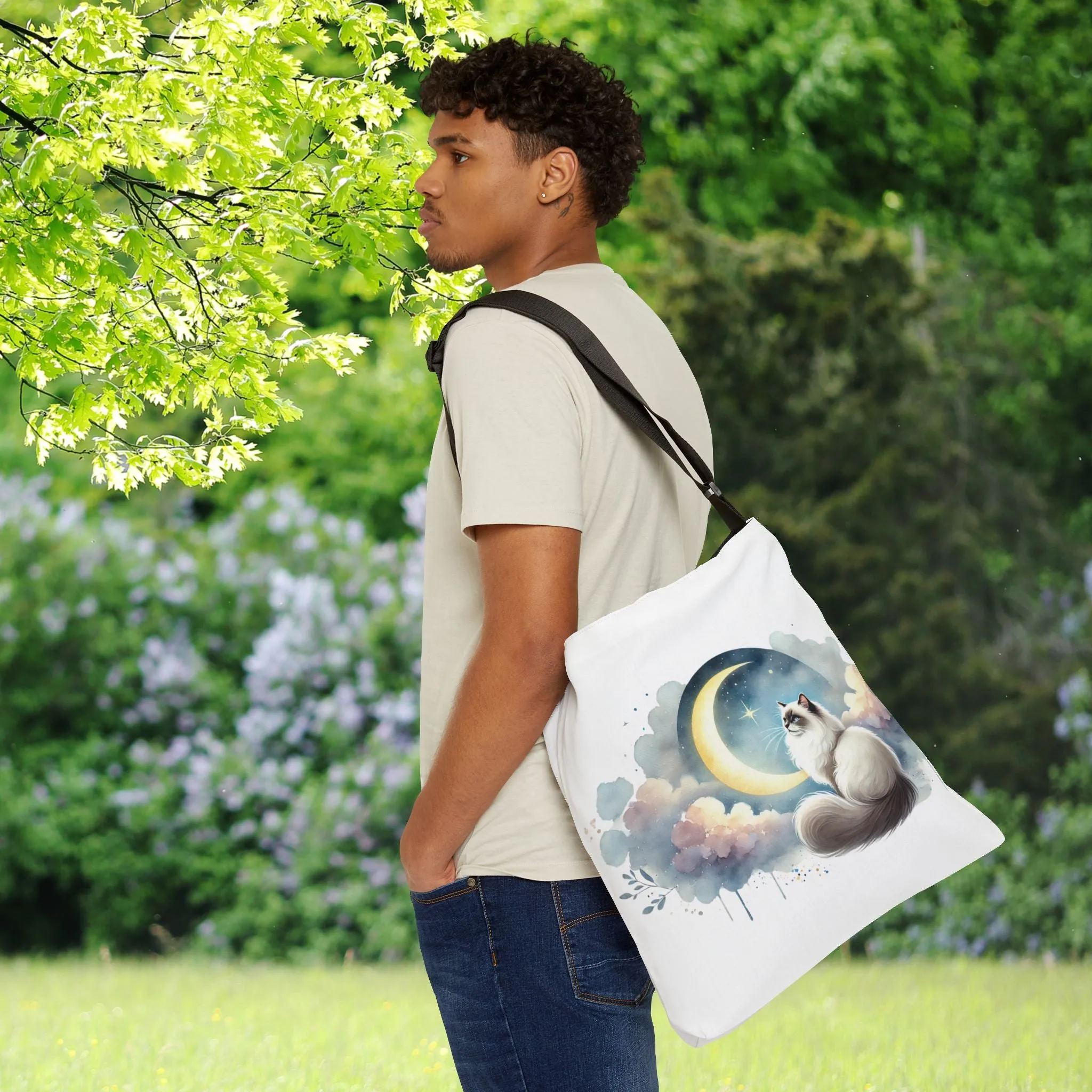 Moon Gazing -  Ragdoll Cat Lover - Adjustable Strap Tote Bag