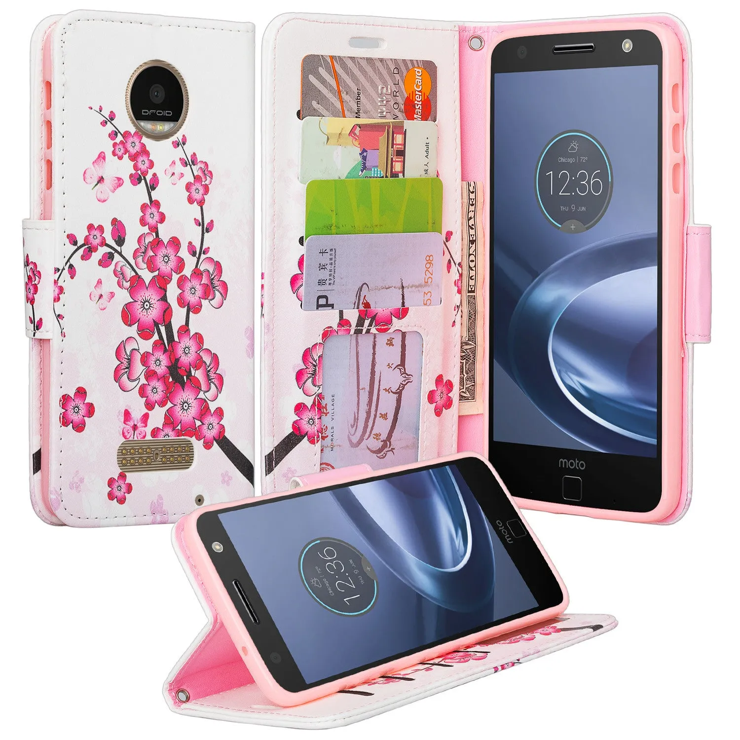 Moto Z Droid Case, Motorola Z Droid Wallet Case, Wrist Strap Pu Leather Wallet Case [Kickstand] with ID & Credit Card Slots - Cherry Blossom