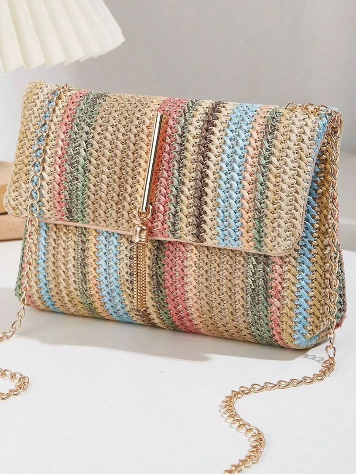 Multicolor Rainbow Flap Straw Bag