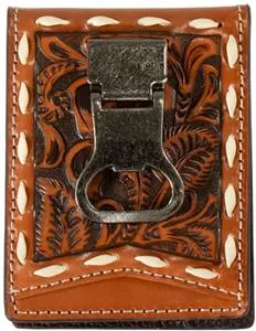 Nocona Western Mens Bifold Money Clip Floral Buck Lace Stitch Tan N500045408