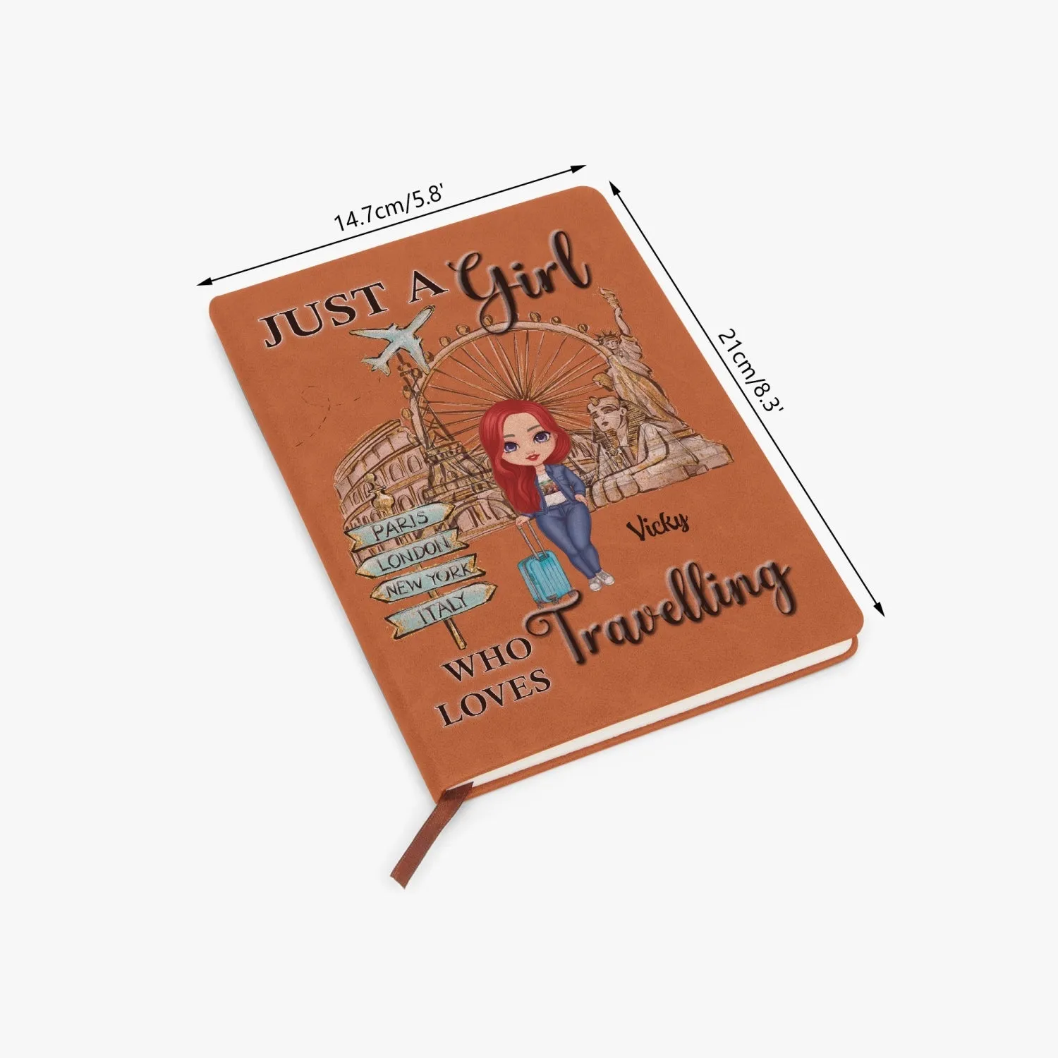 Personalised PU Leather Journal Notebook, Just a Girl who Loves Travelling, Red Hair