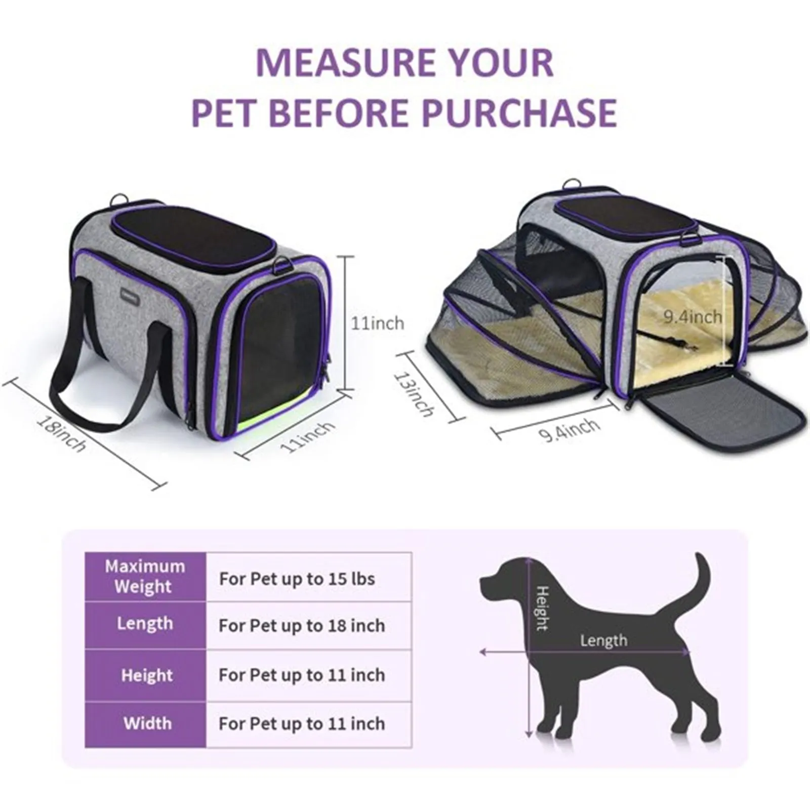 Pet Travel Bag Safe Airline Approved Expandable Foldable Soft-Sided Dog Carrier 3 Open Doors 2 Reflective Tapes