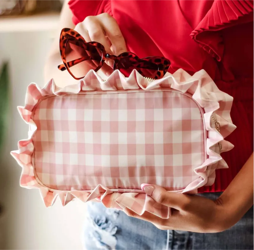 Pink Gingam Frilly Makeup Bag