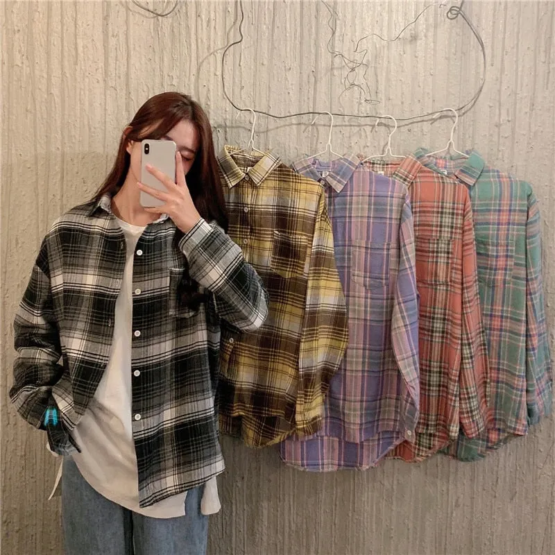 Plaid Women Shirt Casual Turn Down Collar Long Sleeve Fall Button Up Shirts Korean Loose Pocket Fashion Female Tops