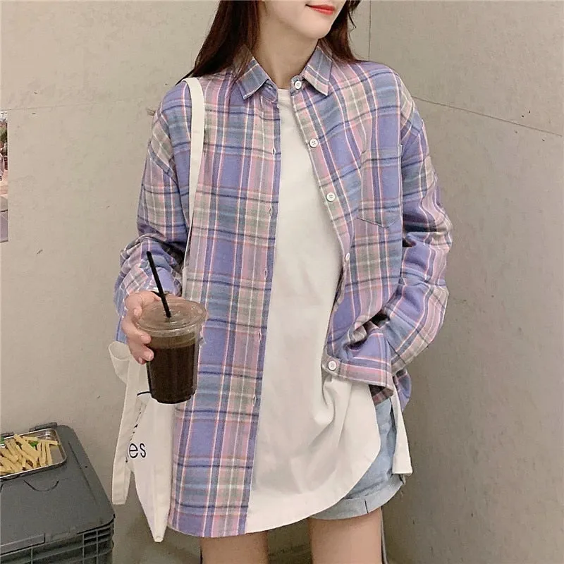 Plaid Women Shirt Casual Turn Down Collar Long Sleeve Fall Button Up Shirts Korean Loose Pocket Fashion Female Tops