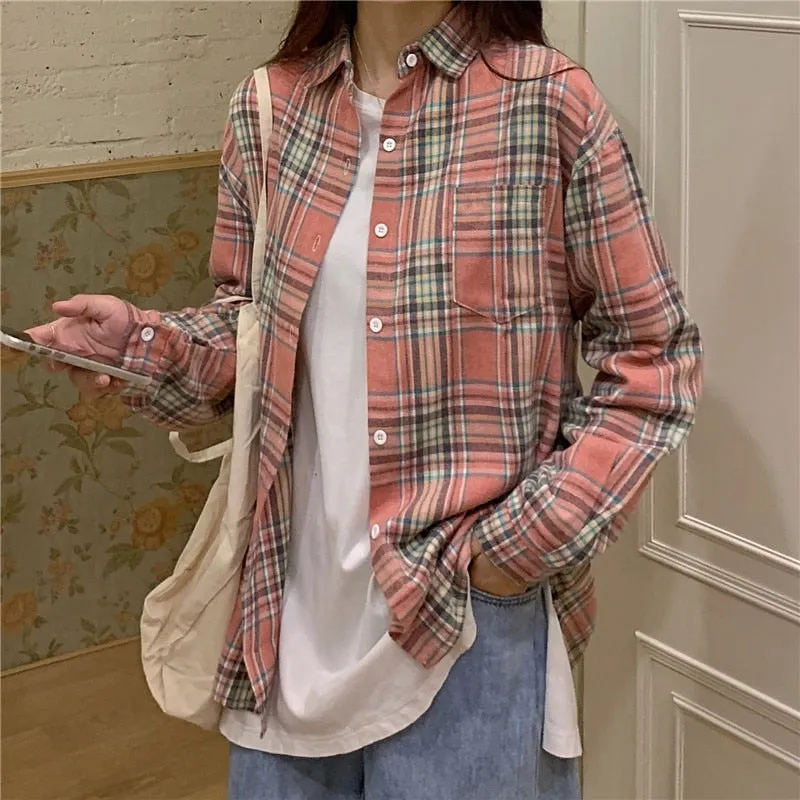 Plaid Women Shirt Casual Turn Down Collar Long Sleeve Fall Button Up Shirts Korean Loose Pocket Fashion Female Tops