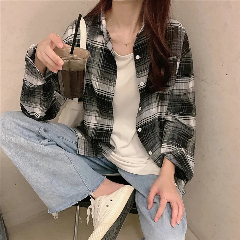 Plaid Women Shirt Casual Turn Down Collar Long Sleeve Fall Button Up Shirts Korean Loose Pocket Fashion Female Tops