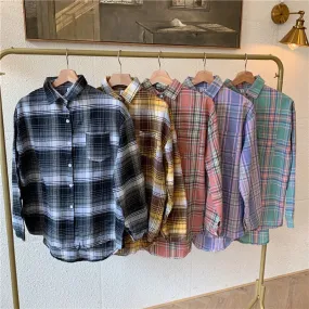 Plaid Women Shirt Casual Turn Down Collar Long Sleeve Fall Button Up Shirts Korean Loose Pocket Fashion Female Tops