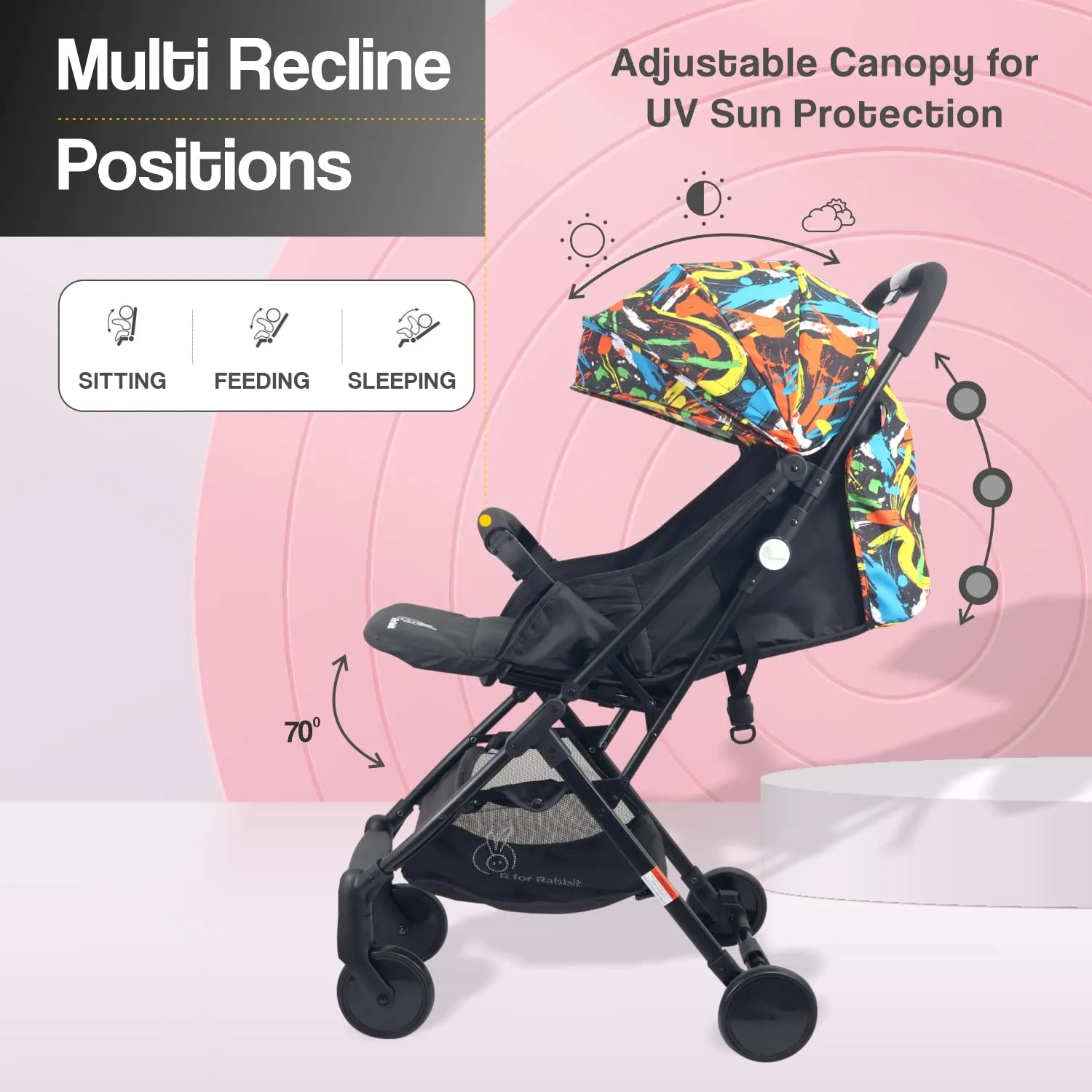 R for Rabbit Pocket Stroller Lite Baby Stroller, Portable Travel Friendly Pre Installed Baby Trolley Stroller & Pram for Newborn Babies of Age 0 to 3 Years | 6 Months Warranty | (Black Multi)