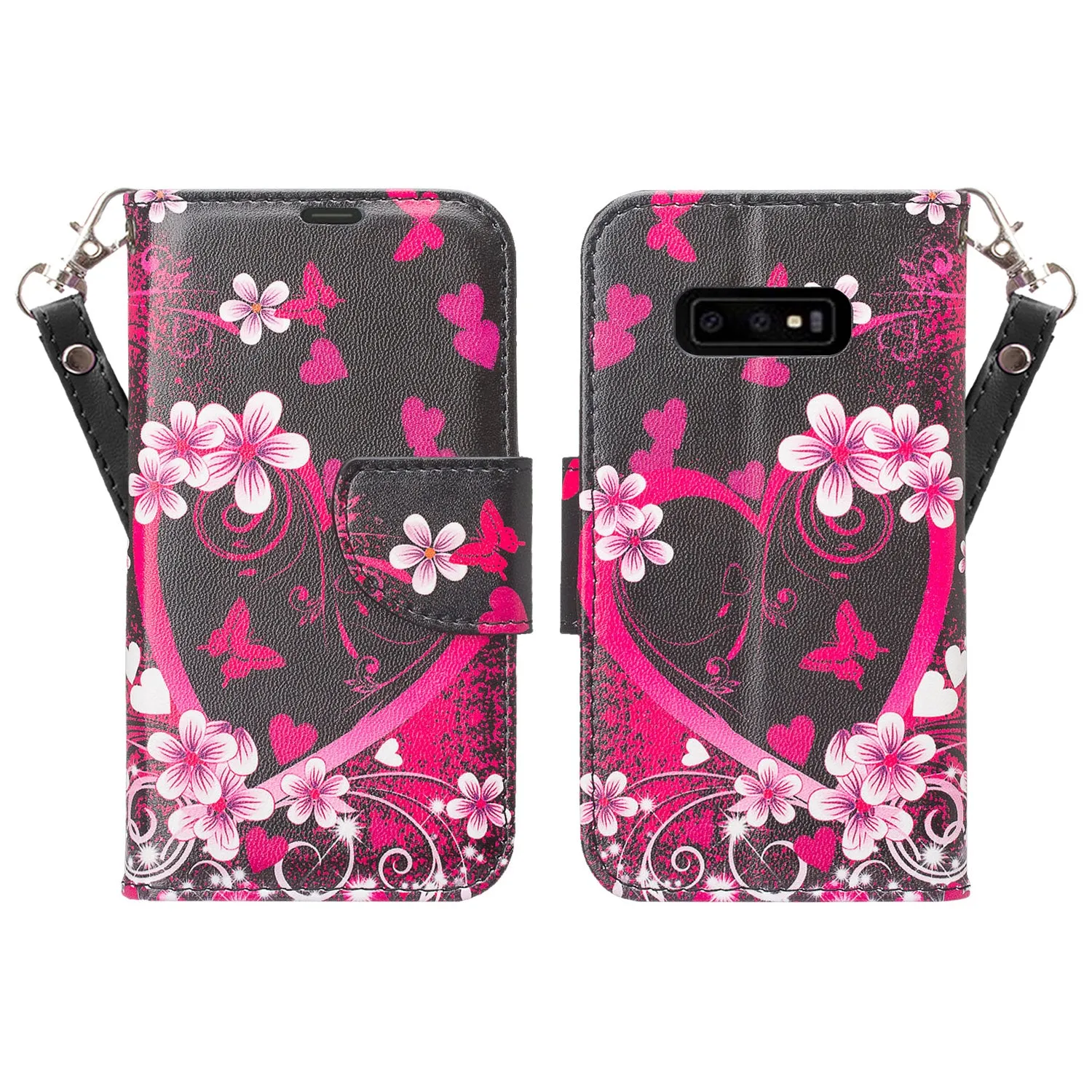 Samsung Galaxy S10e Case, Wrist Strap Pu Leather Wallet Case [Kickstand] with ID & Credit Card Slots - Heart Butterflies