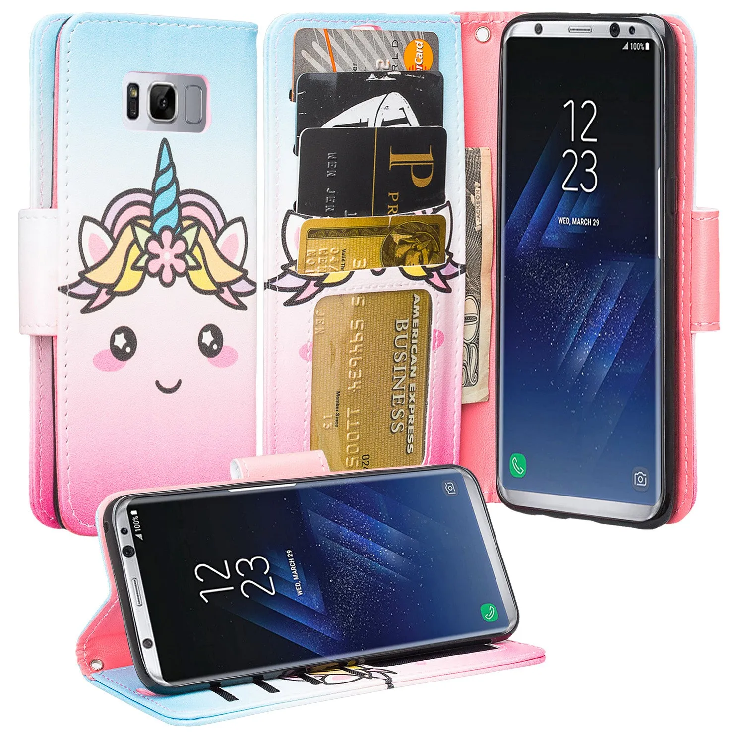 Samsung Galaxy S8 Case, SM-G950 Wallet Case, Wrist Strap Pu Leather Wallet Case [Kickstand] with ID & Credit Card Slots - White Unicorn