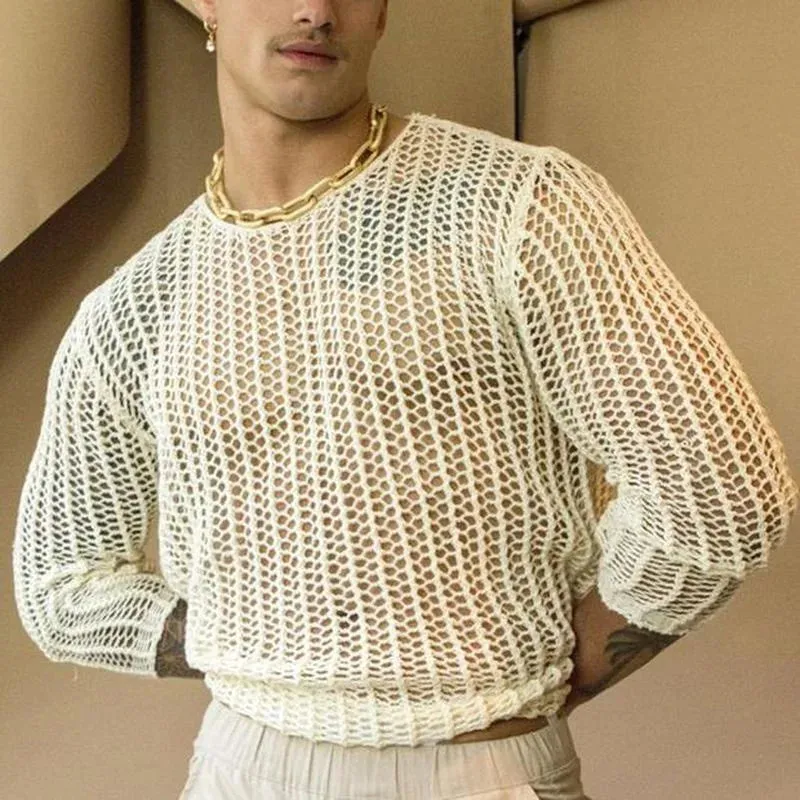 Sexy Men's T-shirt Special Long Sleeve Bottoming Fashion Woven Solid Color Mesh Knit Hollow Out Round Neck