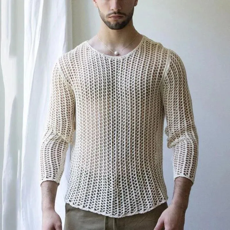 Sexy Men's T-shirt Special Long Sleeve Bottoming Fashion Woven Solid Color Mesh Knit Hollow Out Round Neck