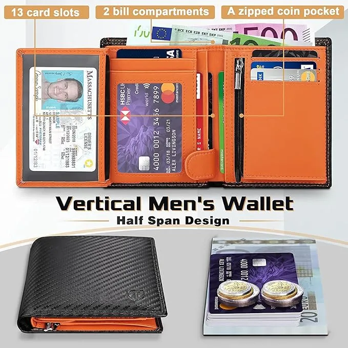 TEEHON® Wallets RFID Blocking Carbon Fibre Leather Mens Wallets with  11 Card Holders, 2 ID Windows, 2 Banknote Compartments