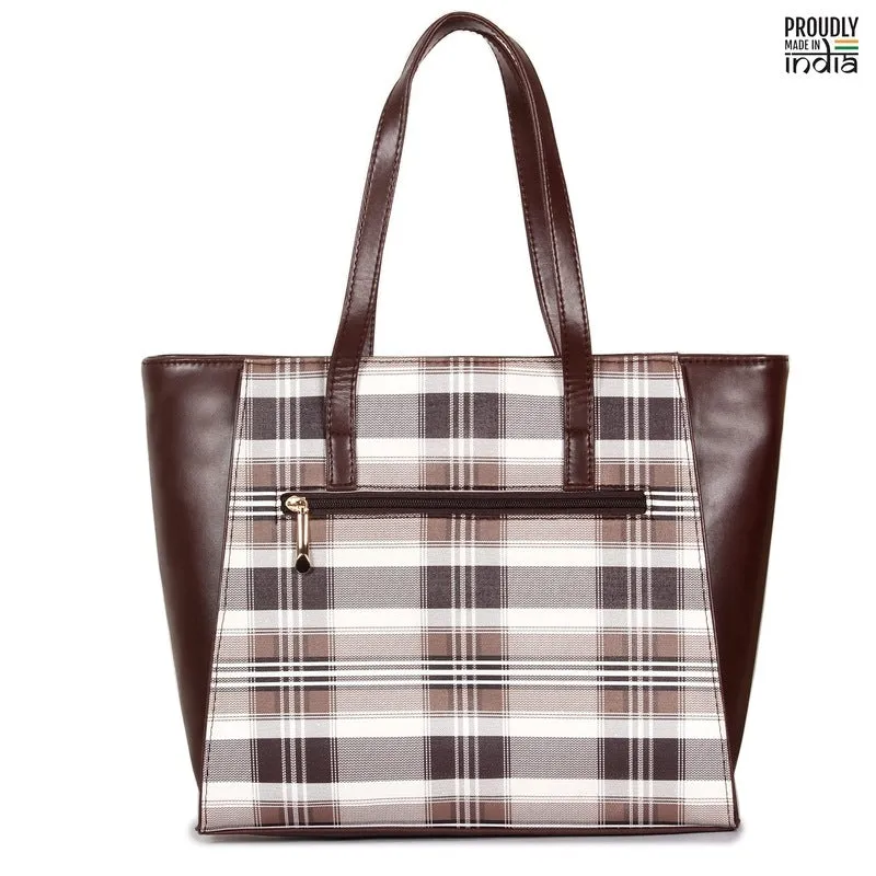 THE CLOWNFISH Agnes Handbag for Women Office Bag Ladies Shoulder Bag Tote For Women College Girls-Checks Design (Dark Brown)