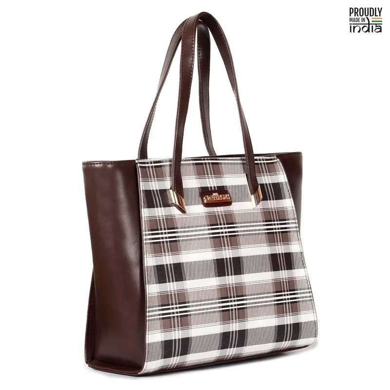 THE CLOWNFISH Agnes Handbag for Women Office Bag Ladies Shoulder Bag Tote For Women College Girls-Checks Design (Dark Brown)