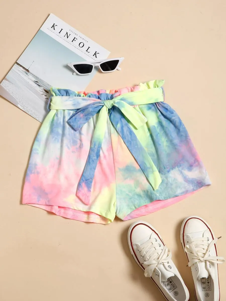 Tie Dye Paper Bag Waist Shorts