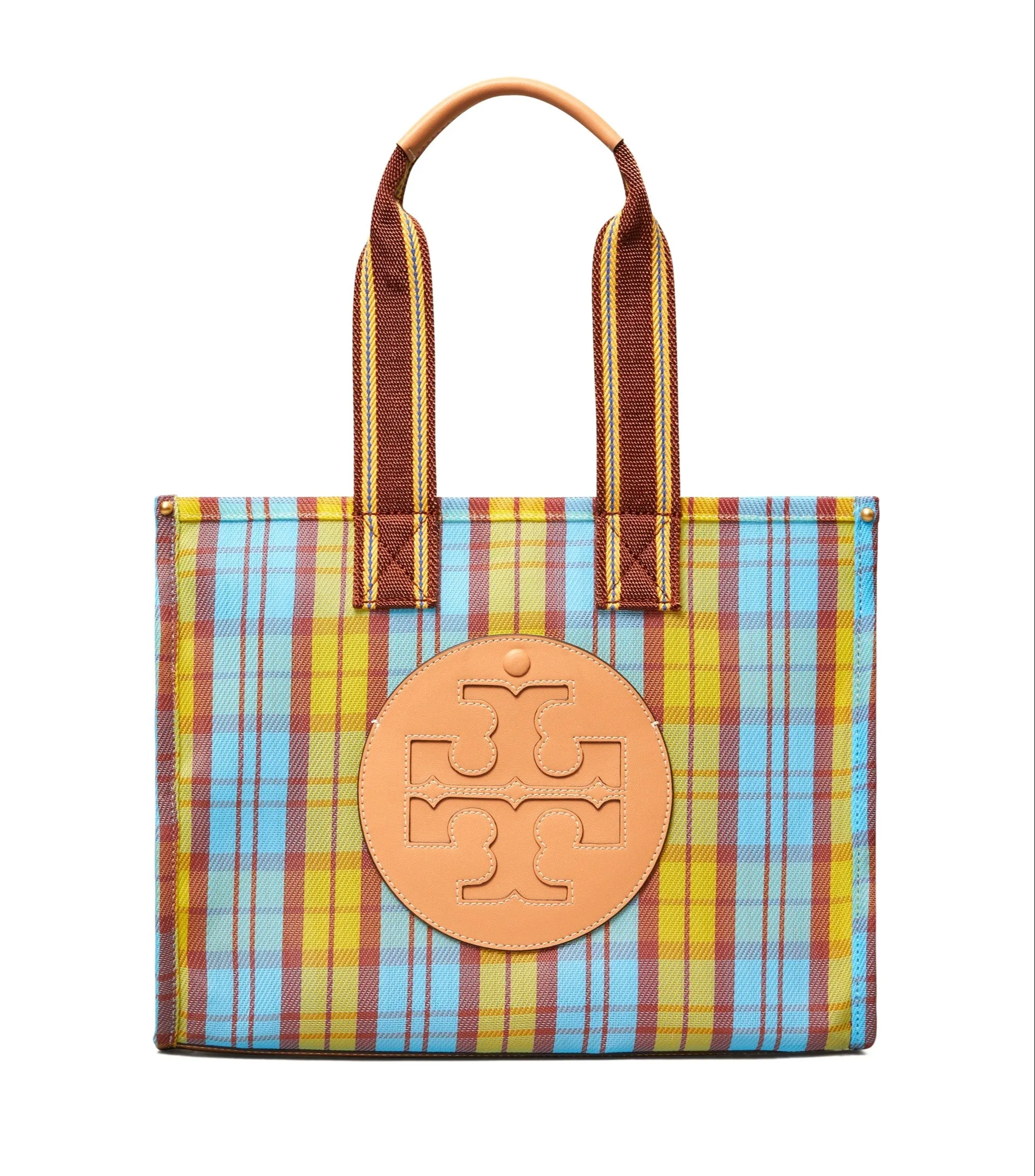 Tory Burch Yellow / Blue Mercado Plaid Ella Mesh Small Market Tote Bag