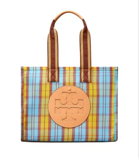 Tory Burch Yellow / Blue Mercado Plaid Ella Mesh Small Market Tote Bag