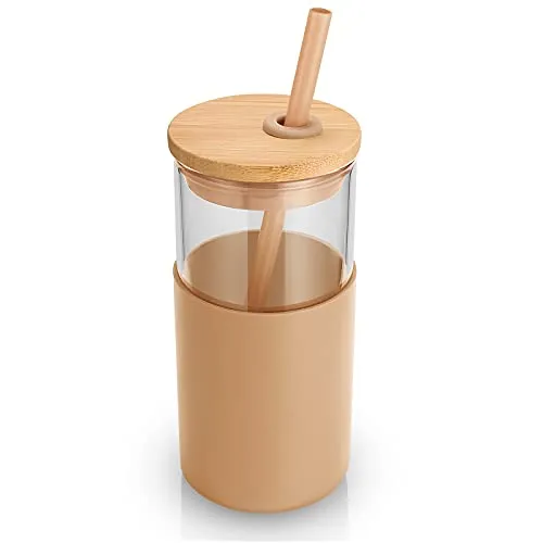 tronco 16oz Glass Tumbler Straw Silicone Protective Sleeve Bamboo Lid - BPA Free