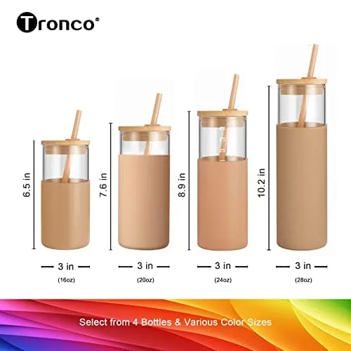 tronco 16oz Glass Tumbler Straw Silicone Protective Sleeve Bamboo Lid - BPA Free