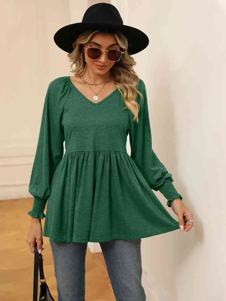 V-Neck Lantern Sleeve Blouse