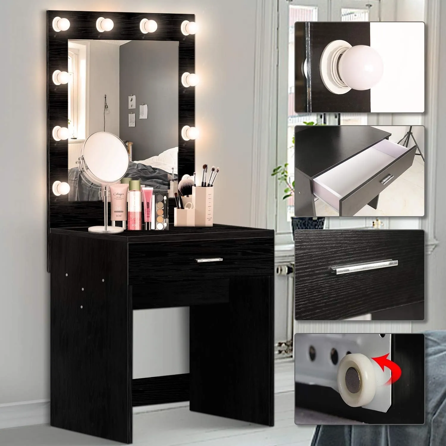 Vanity Set with Lighted Mirror Makeup Vanity Dressing Table Dresser Writing Desk with Drawer for Bedroom Easy Assembly (10Pcs Warm LED Bulb)