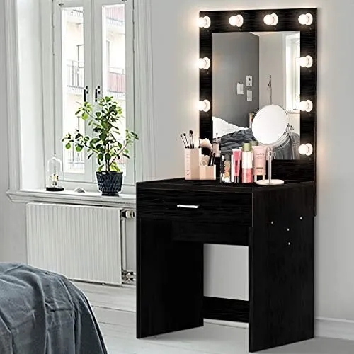 Vanity Set with Lighted Mirror Makeup Vanity Dressing Table Dresser Writing Desk with Drawer for Bedroom Easy Assembly (10Pcs Warm LED Bulb)