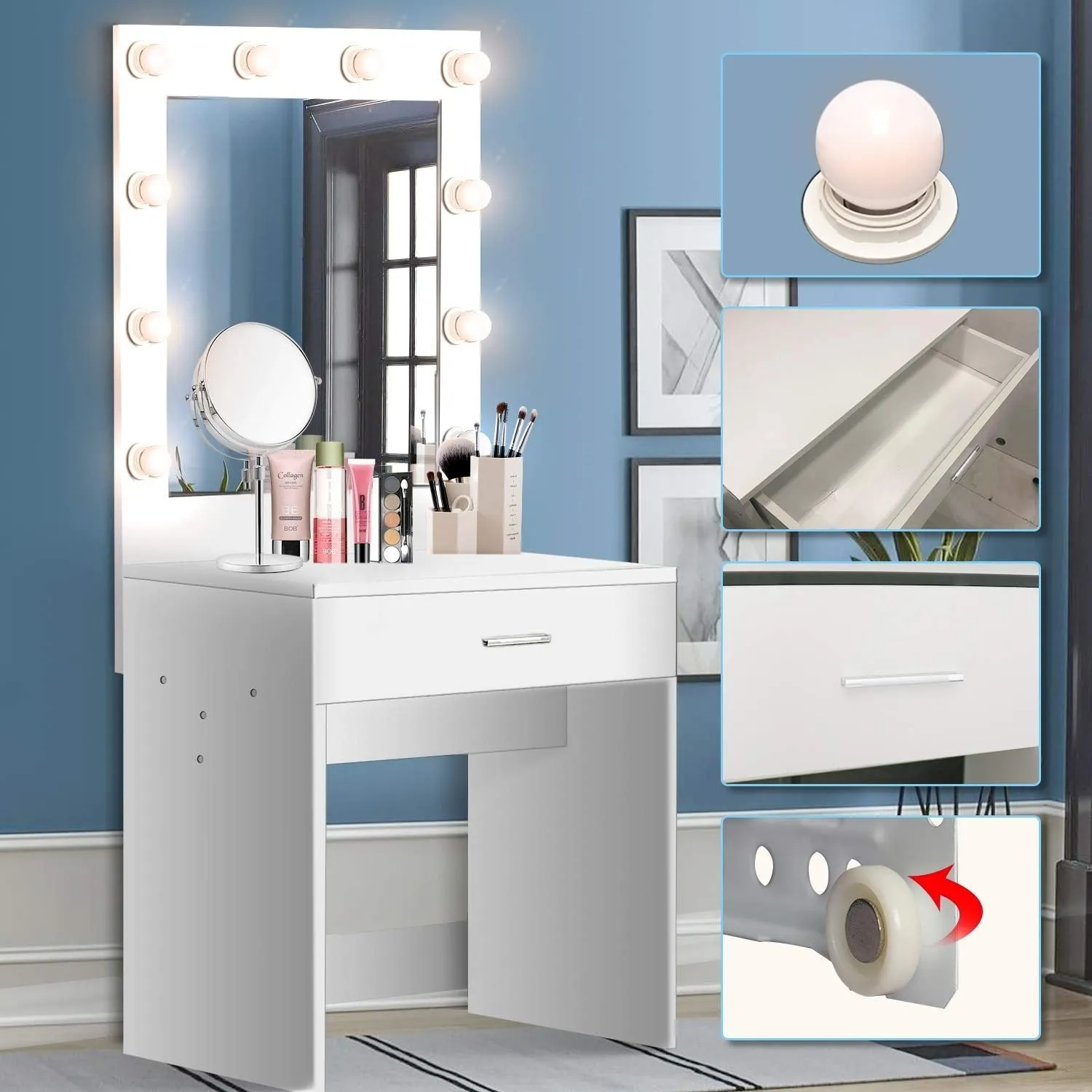 Vanity Set with Lighted Mirror Makeup Vanity Dressing Table Dresser Writing Desk with Drawer for Bedroom Easy Assembly (10Pcs Warm LED Bulb)