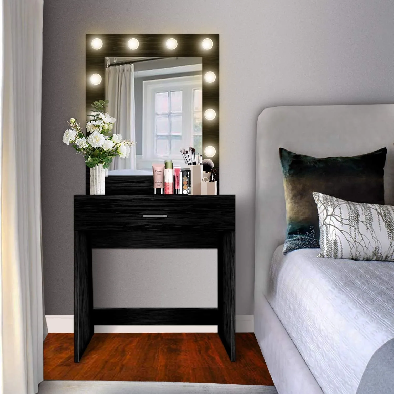 Vanity Set with Lighted Mirror Makeup Vanity Dressing Table Dresser Writing Desk with Drawer for Bedroom Easy Assembly (10Pcs Warm LED Bulb)