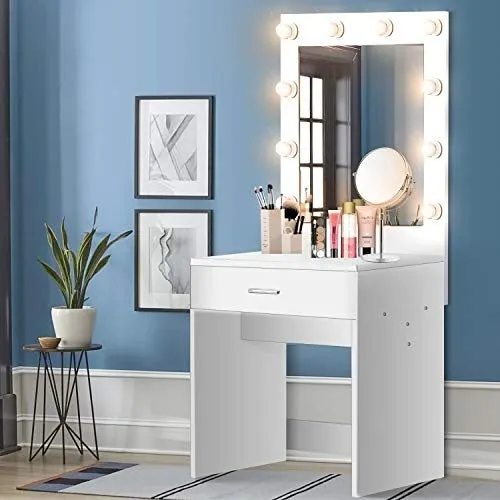 Vanity Set with Lighted Mirror Makeup Vanity Dressing Table Dresser Writing Desk with Drawer for Bedroom Easy Assembly (10Pcs Warm LED Bulb)