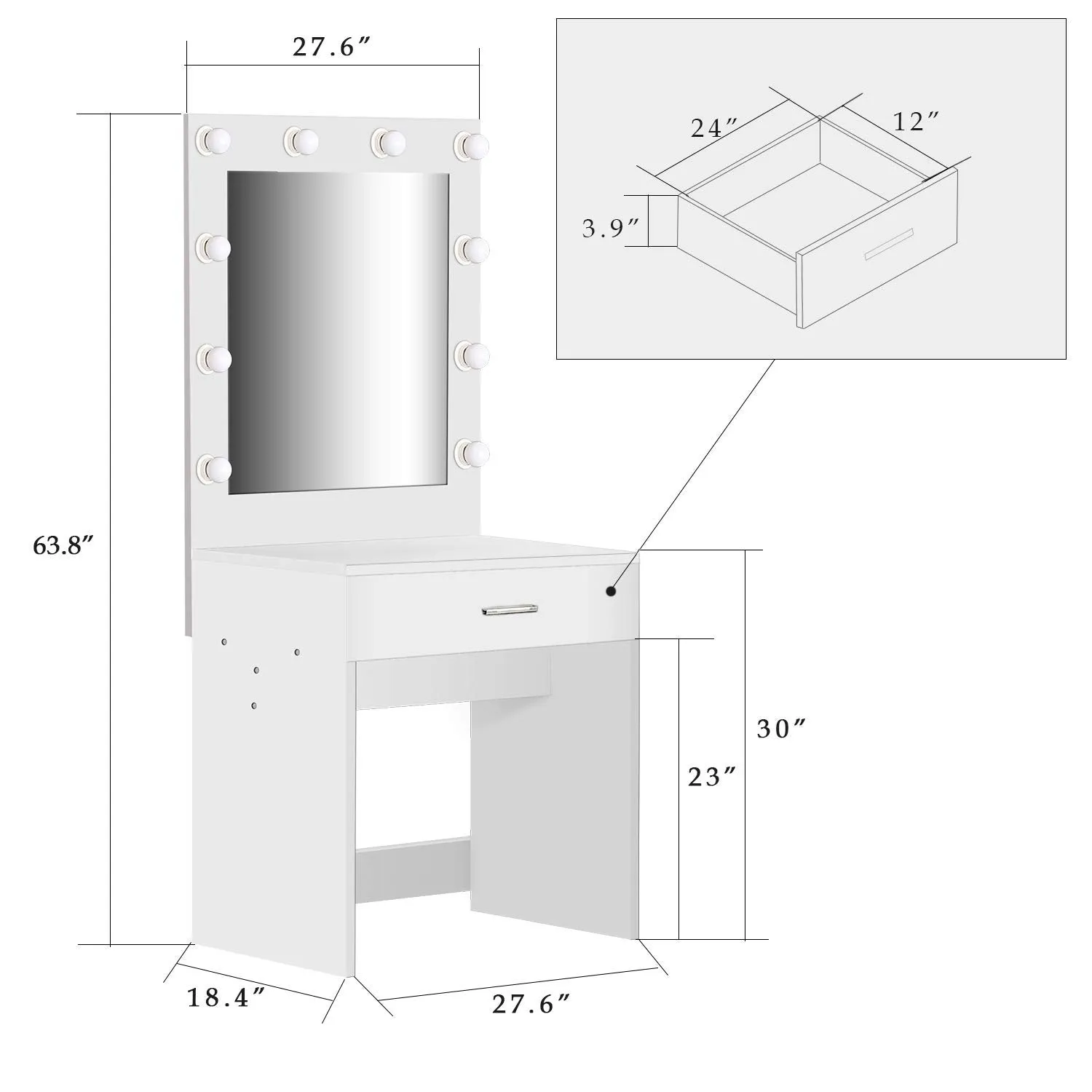 Vanity Set with Lighted Mirror Makeup Vanity Dressing Table Dresser Writing Desk with Drawer for Bedroom Easy Assembly (10Pcs Warm LED Bulb)