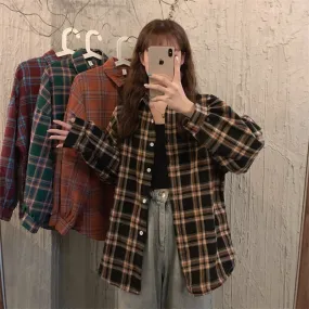 Vintage Plaid Women Shirts Korean Loose Button Up Lantern Long Sleeve Oversize Shirt Casual Fall Soft Loose Ladies Tops