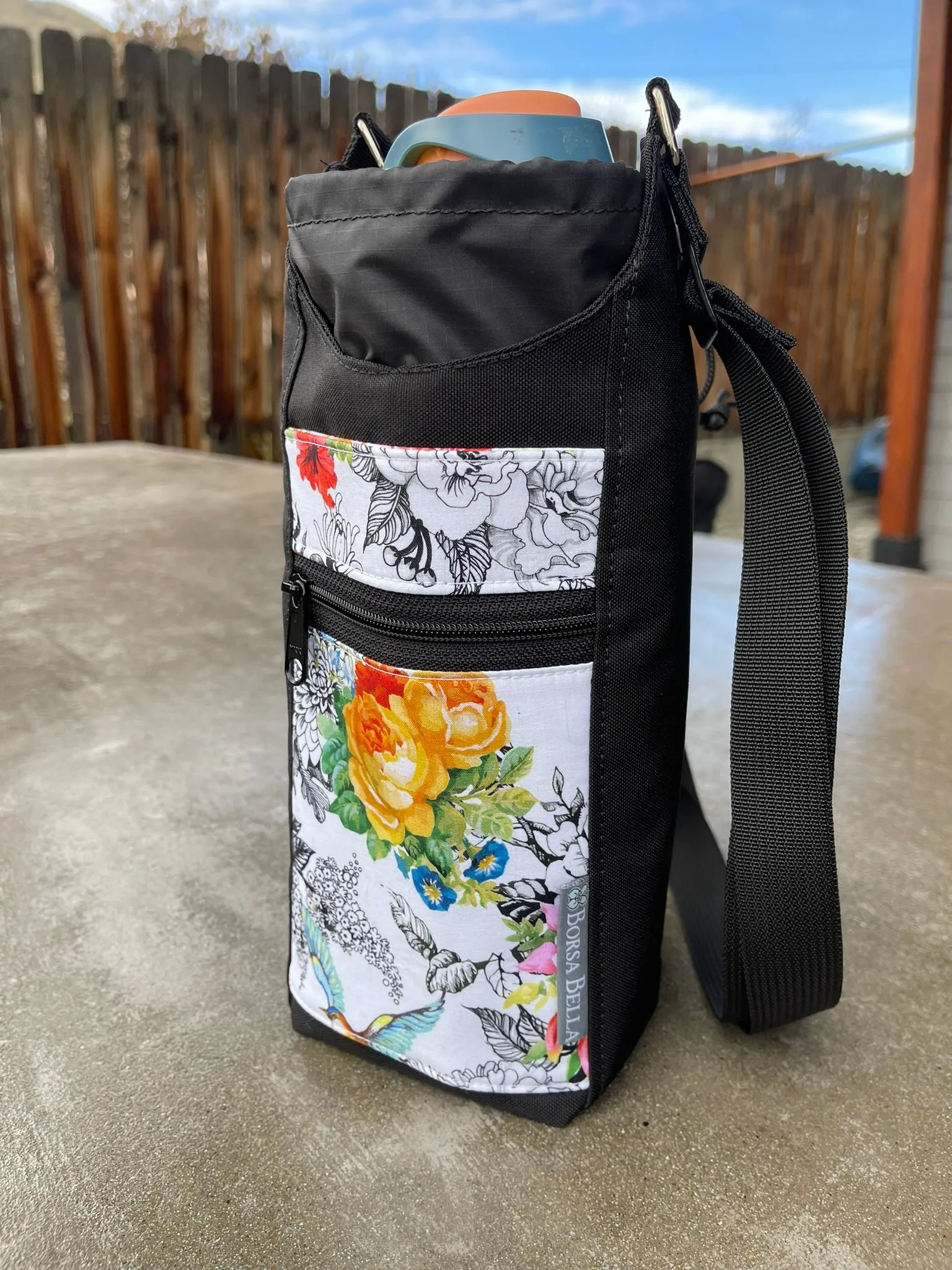 Water Bottle Crossbody Bag - Day Drinker - Decoupage Black and White Fabric Pocket