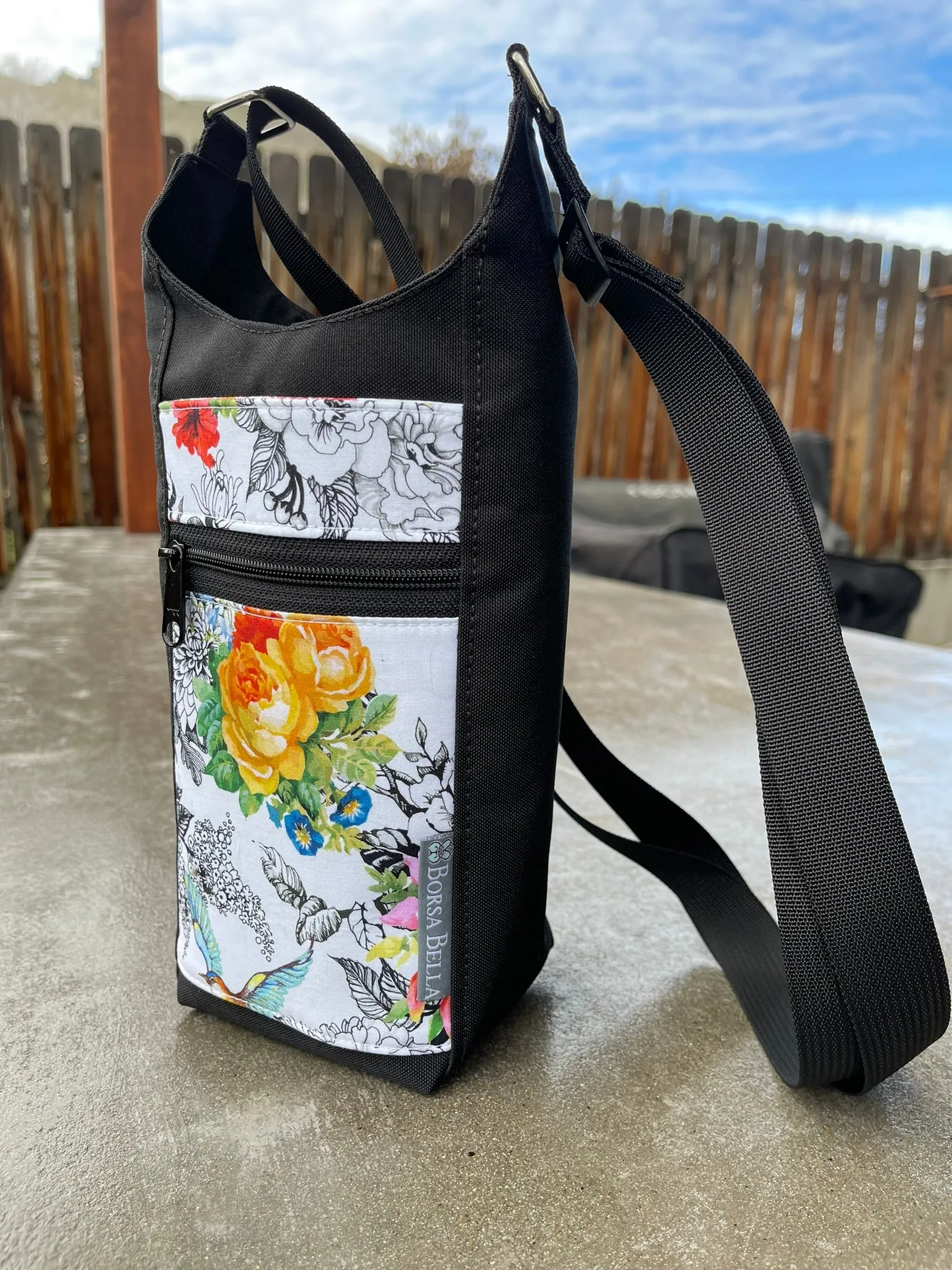 Water Bottle Crossbody Bag - Day Drinker - Decoupage Black and White Fabric Pocket