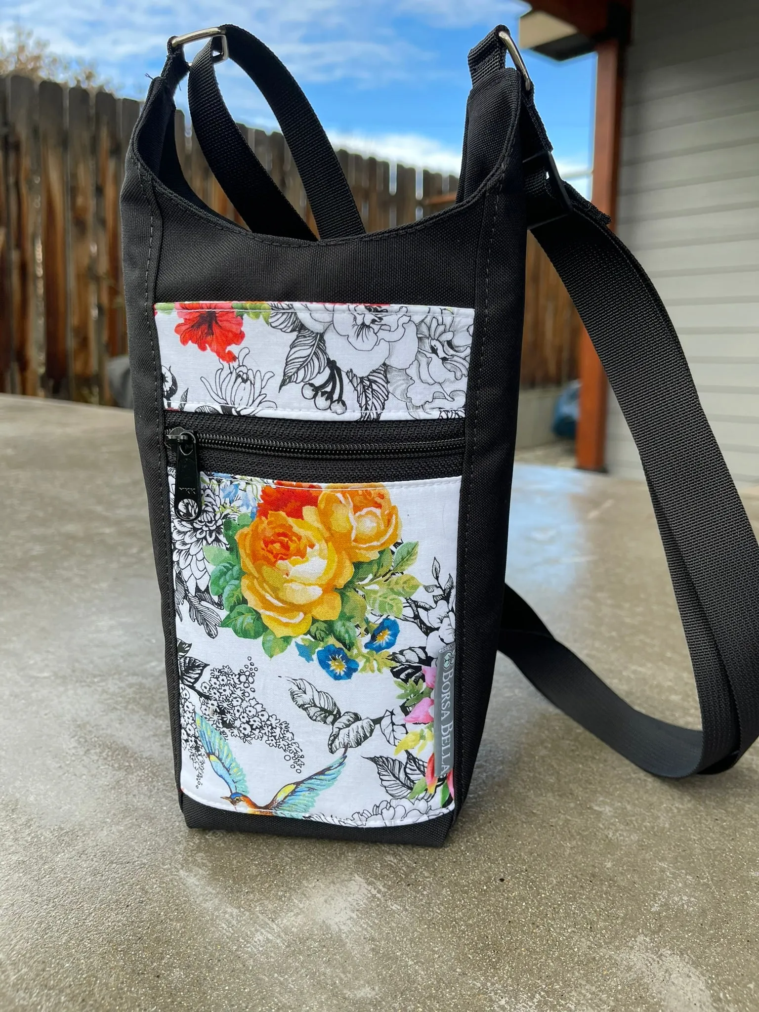 Water Bottle Crossbody Bag - Day Drinker - Decoupage Black and White Fabric Pocket