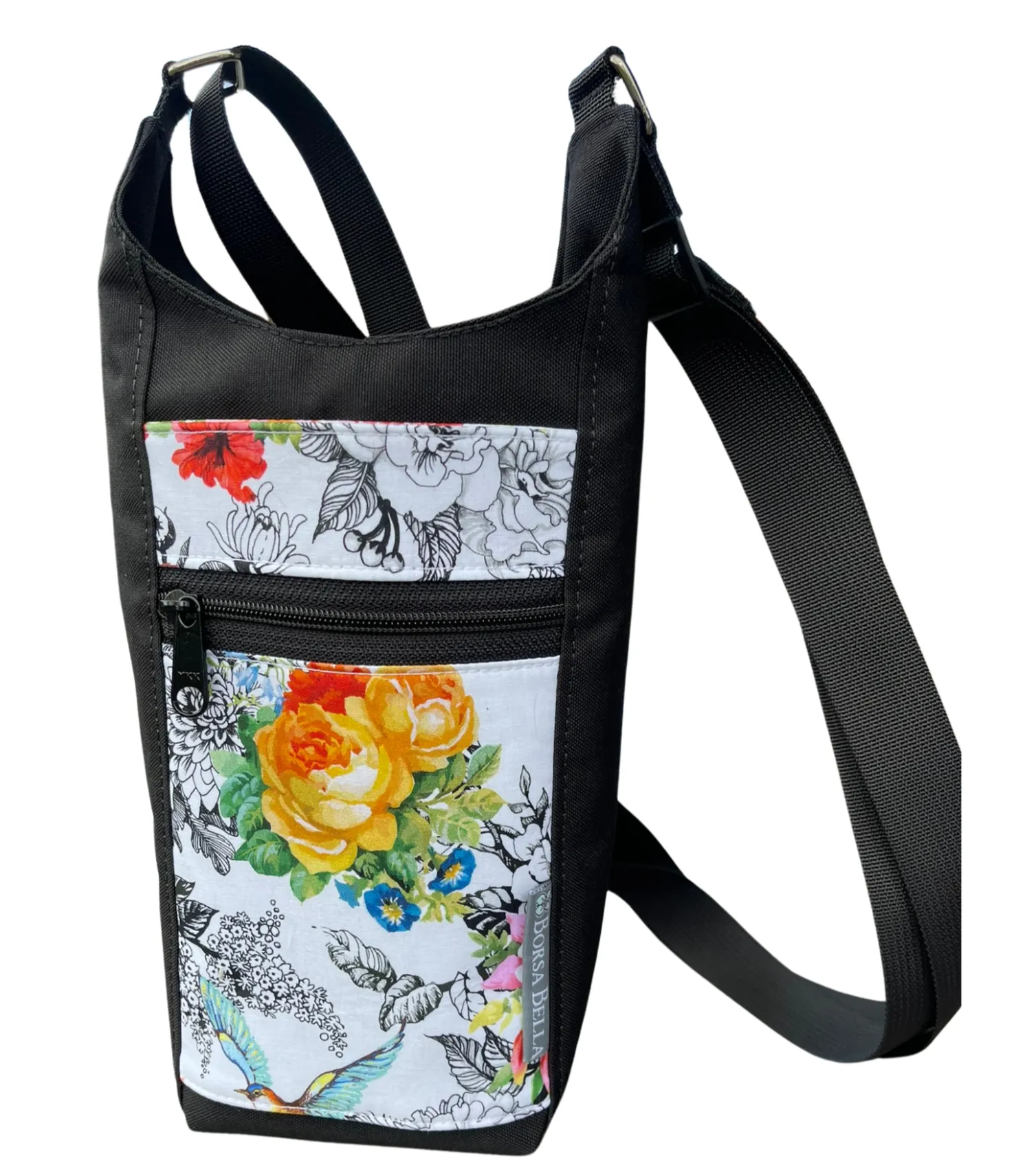 Water Bottle Crossbody Bag - Day Drinker - Decoupage Black and White Fabric Pocket