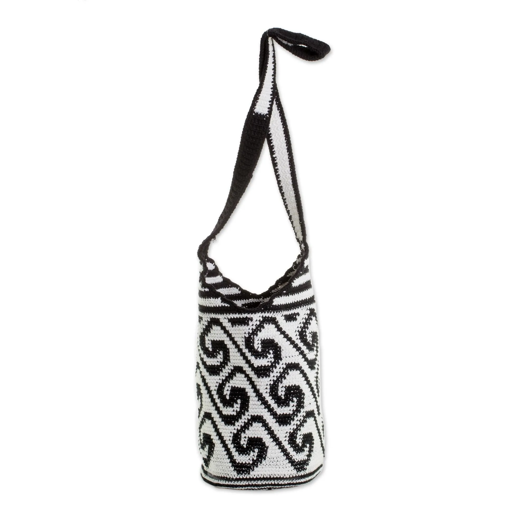 Wave Motif Cotton Bucket Bag in Black and White - Black and White Waves | NOVICA