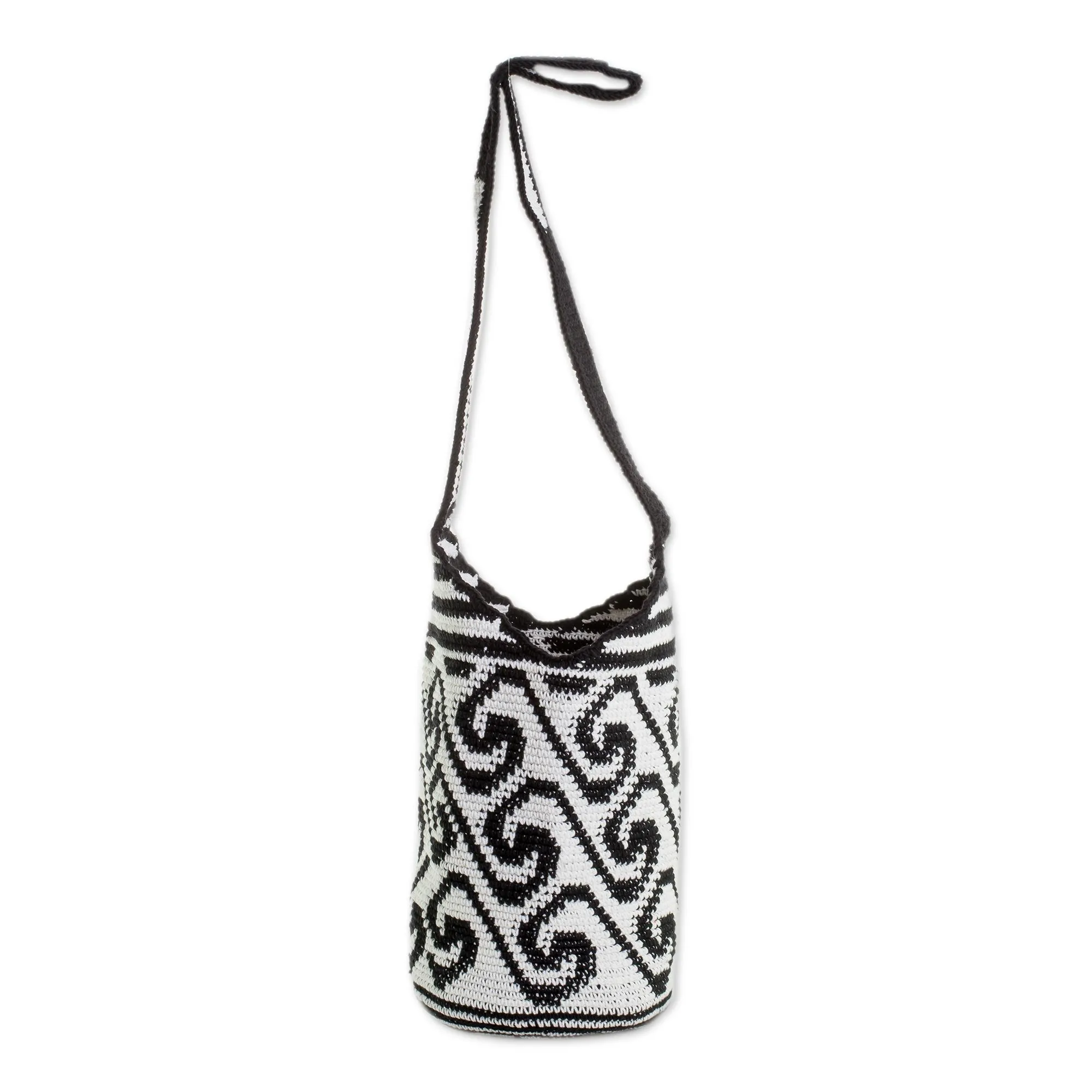 Wave Motif Cotton Bucket Bag in Black and White - Black and White Waves | NOVICA