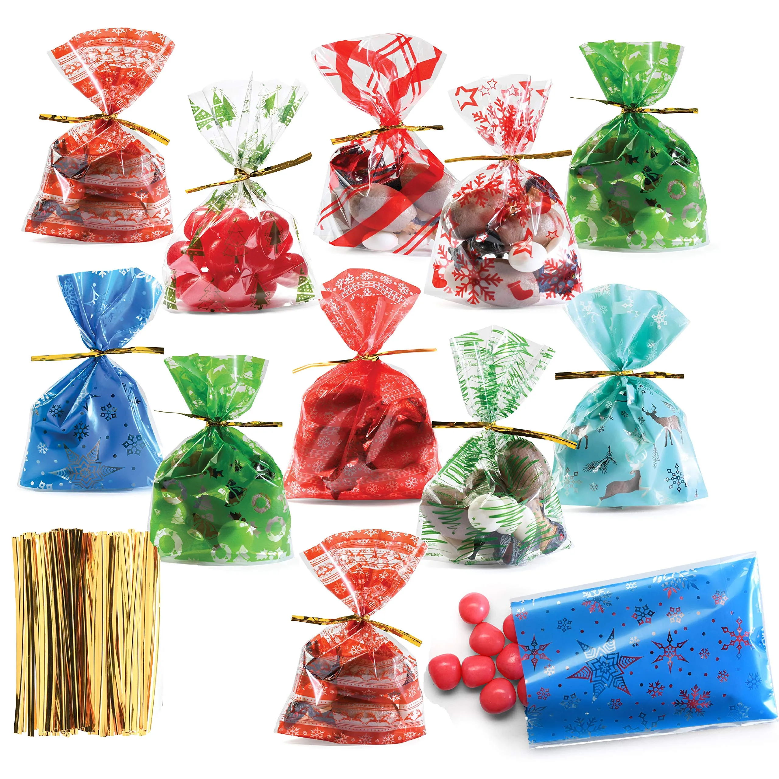 Winter Themed Mini Candy Bags With Gold Ties (100 Pack) - Bulk Pack Of 100 Mini