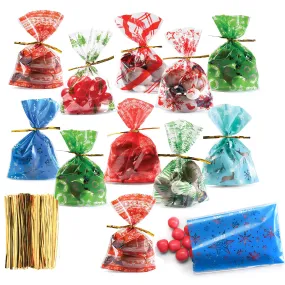 Winter Themed Mini Candy Bags With Gold Ties (100 Pack) - Bulk Pack Of 100 Mini