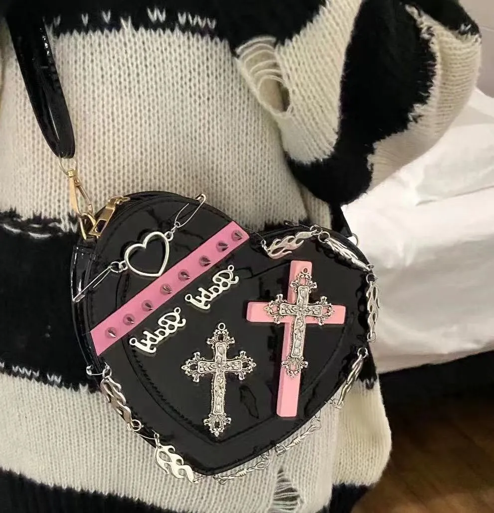 Y2K Punk Goth Black Pink Heart Cross Chains Messenger Bag