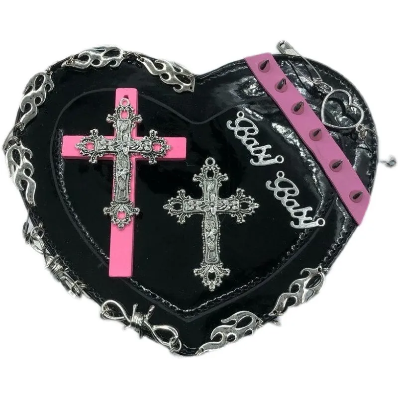 Y2K Punk Goth Black Pink Heart Cross Chains Messenger Bag