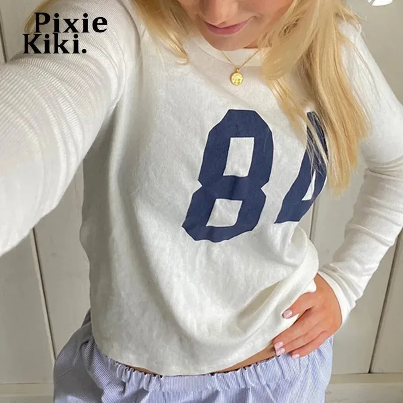 Y2k White Graphic T Shirts Casual Basic Crew Neck Long Sleeve Tops for Women Clothing Fall 2024 P67-BB20